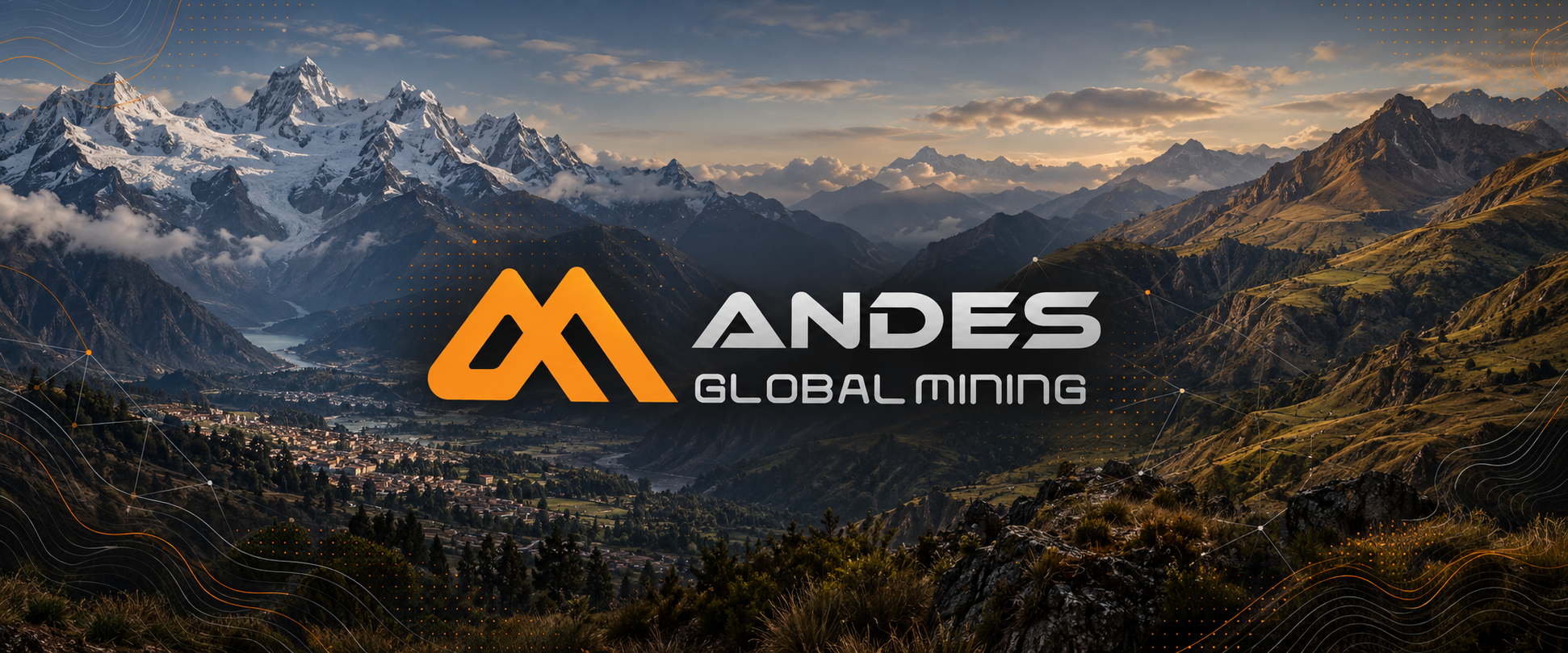 Composición ilustrativa de los nevados de Áncash y los paisajes de la sierra de La Libertad, unidos alrededor del logo de Andes Global Mining.